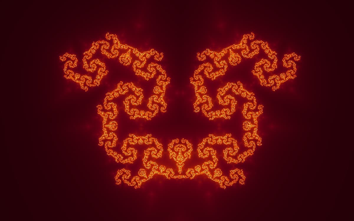 Buffalo fractal with curved horned lobes, mirrored gates, and twisted filaments