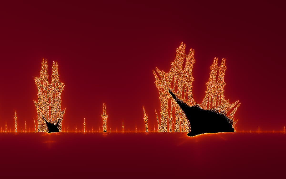 Burning Ship fractal: dark main hull, flame-colored escape bands