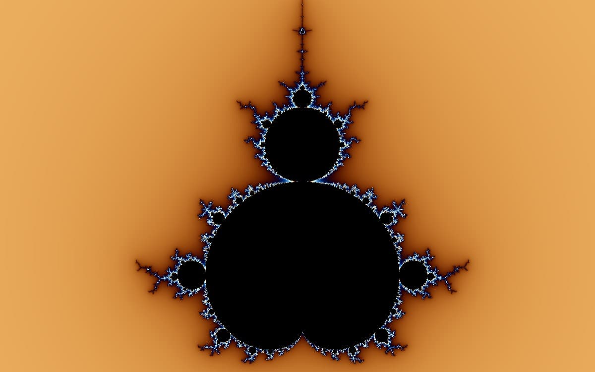 Black Mandelbrot set on warm gold, with a thin blue-white rim at its boundary