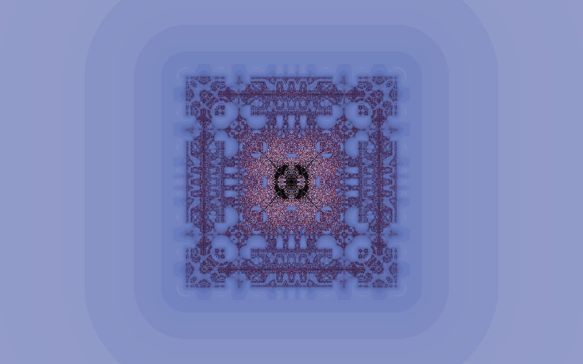 Two-dimensional Mandelbox map with hard-edged chambers and nested fortress-like recesses in cool blues