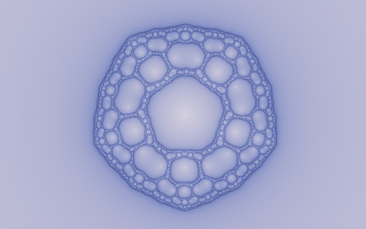 A pale blue McMullen fractal forming a many-sided ring of rounded cells around a large central opening