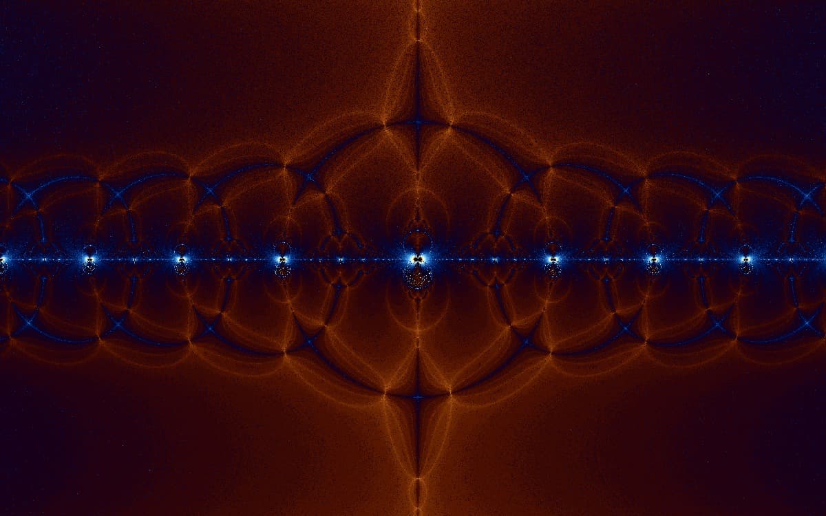 Newton fractal for cosh z = 1, with repeating horizontal bands and warped boundaries stacked along the imaginary axis